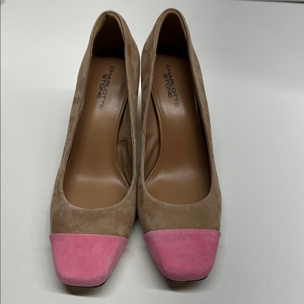 Charlotte Stone Risa Pumps High Block Heel Shoes Suede Wood Pink Tan New Size 10 - Picture 3 of 9